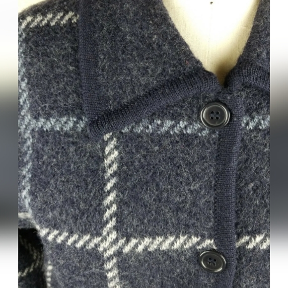 Talbots | 100% Wool Sweater Jacket Womens Blue & Grey Windowpane Size Large - Picture 4 of 7